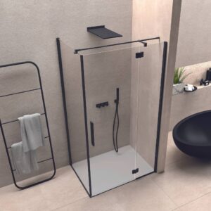 Corner shower enclosure, composed of a door consisting of 1 fixed and 1 hinged door with 90° outward opening and a fixed side panel (6 mm). H 200cm.