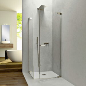 Corner shower enclosure, consisting of 1 hinged door with wall hinge and a fixed side panel (8 mm). 90° outward opening. H 200 cm.