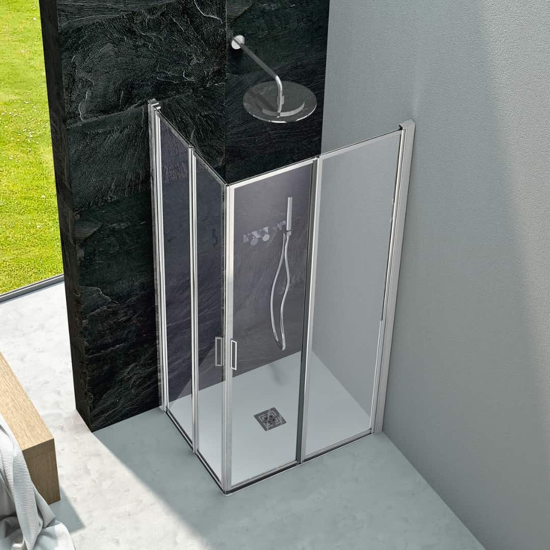 Cabine de douche d'angle, composée de 2 portes pliantes avec ouverture de 4 mm à 180°. H 185 cm.