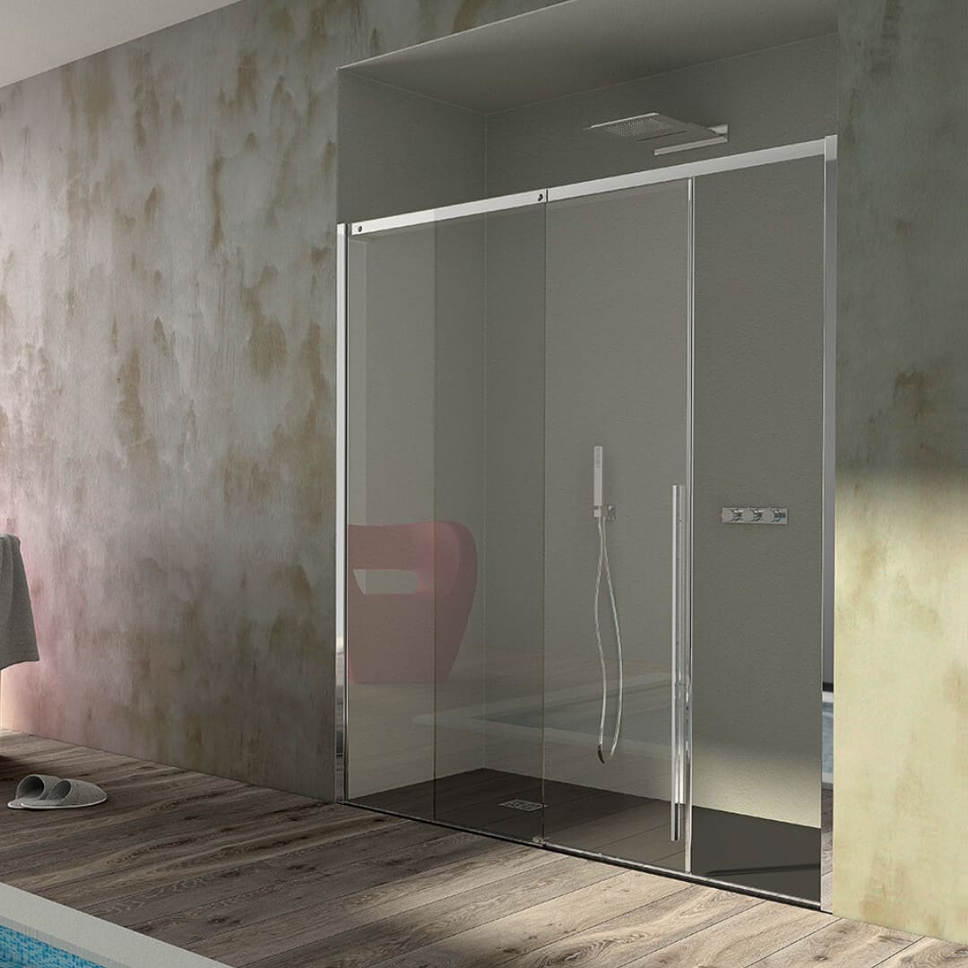 Cabine de douche en niche, composée d&#039;une porte fixe et d&#039;une porte coulissante de 8 mm. H 200 cm.