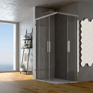 Corner shower enclosure, consisting of 2 fixed and 2 sliding 6mm doors. H 200 cm.