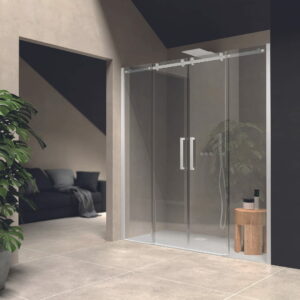 Shower enclosure in niche, consisting of 2 fixed and 2 sliding doors (6 mm) with central opening. Structure without the upper sliding rail. H 200 cm.